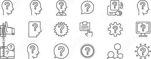 Foto Head Question Mark Icon Set with Thin Black Outlines, Thinking Signs, and Idea D