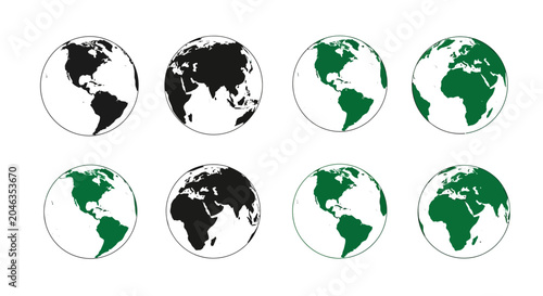 Canvas Print Set of Earth globes in black and white and green, symbolizing global awareness a