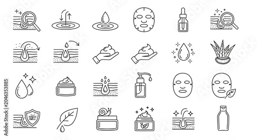 Tablou pe pânză Comprehensive Skincare and Beauty Product Line Icons depicting hydration, natural ingredients, and cosmetic treatments
