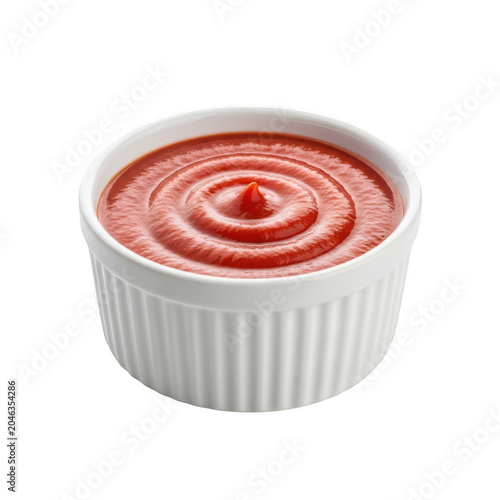 Bright red tomato ketchup sauce served in a small white ceramic ramekin bowl with ribbed sides for dipping isolated on a transparent background