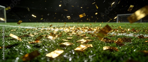 Golden confetti scattered across green soccer field pitch under stadium lights after victory