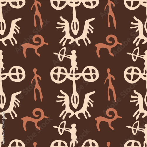 Ancient petroglyph archer with bow seamless pattern, Saimaluu Tash cave art drawing of chariot hunter on brown background for apparel clothes