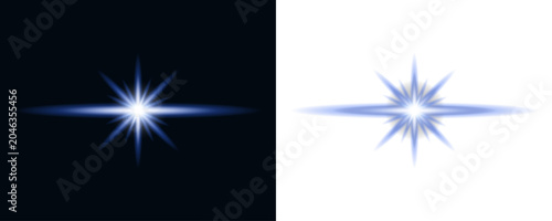 Blue starburst light effects on black and white backgrounds