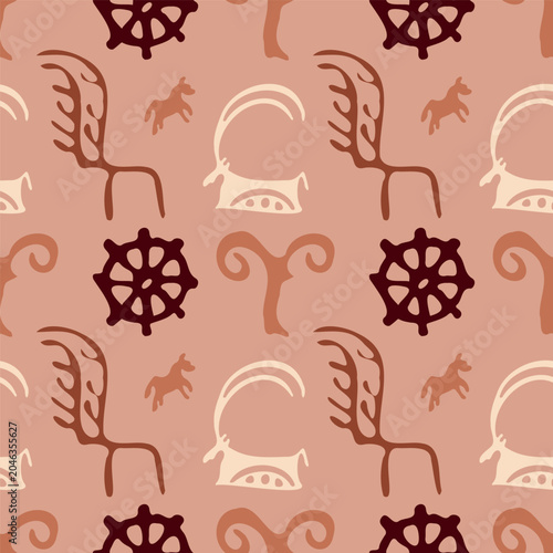Ancient petroglyph wheel and antler seamless pattern, Saimaluu Tash cave art with sun sign on beige background for home decor textile