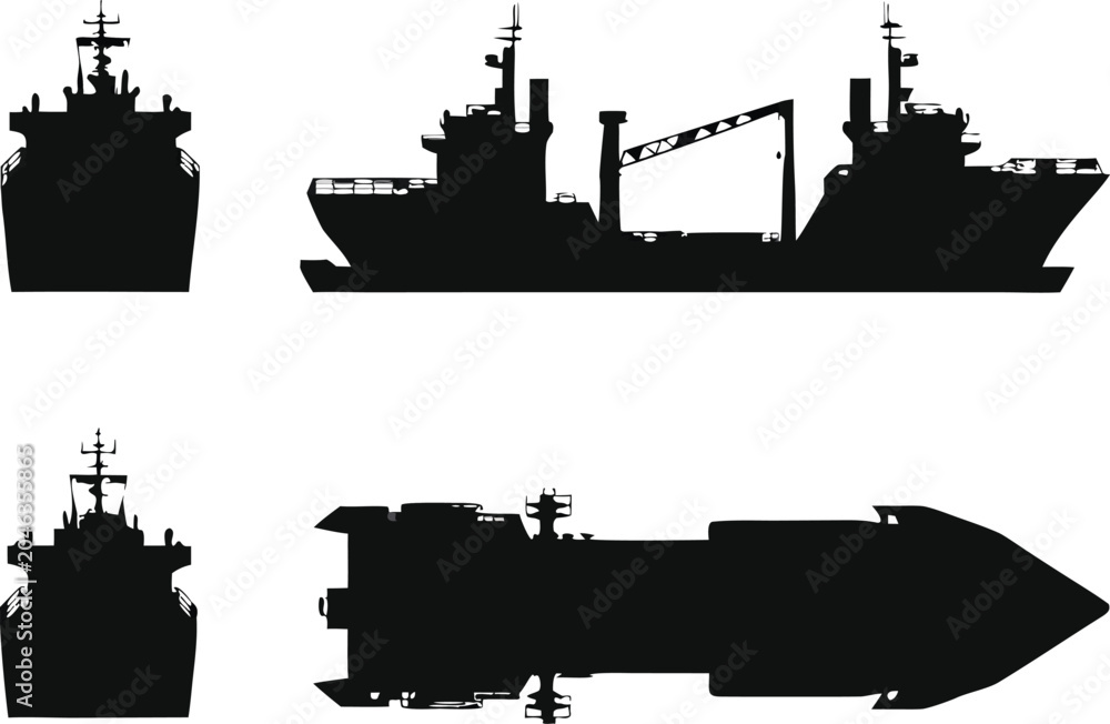 Obraz premium Shipping vessel silhouette collection for maritime and naval graphic design.