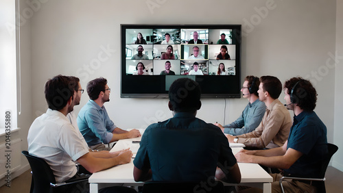 Office Video Conference, Team Presentation Screen, Corporate Meeting Room, Large Display Collaboration, Modern Workspace Gathering.