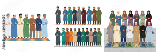 Diverse group of Muslim men and women standing and praying together on prayer mats in a communal setting