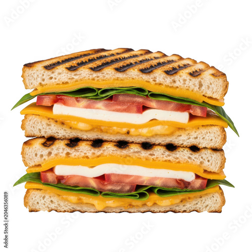 Toasted grilled cheese sandwich with fresh tomato slices and green spinach leaves stacked isolated on a transparent background