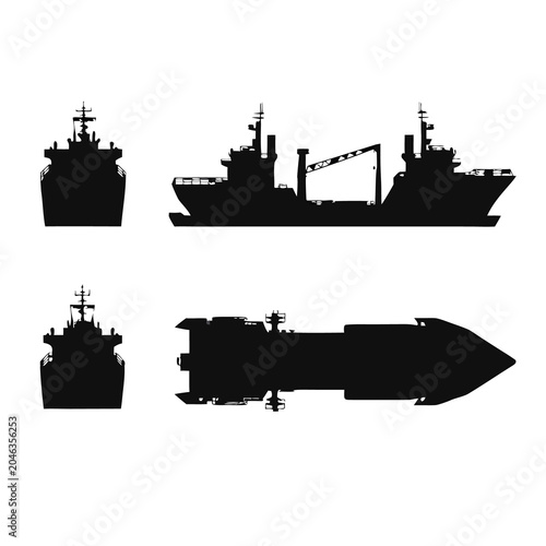 Fotografía Silhouette of cargo ship showing front, side, and top views on white background