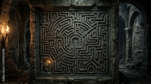 Intricate stone maze carving with figures and torchlight on ancient wall