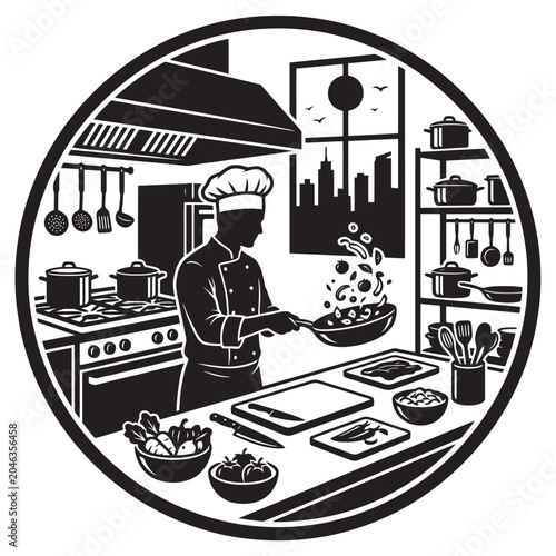 Εκτύπωση καμβά Silhouette of a chef preparing food in a busy professional kitchen with a citysc