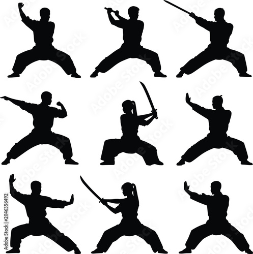 Cuadro en lienzo Black kung fu martial arts silhouette set vector isolated on white background wu