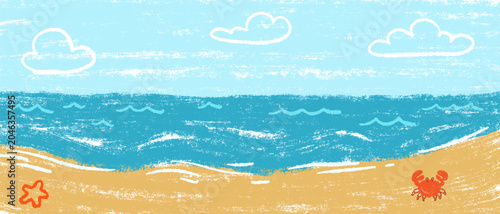 Childish crayon sketch of sea coast horizon with sand beach, cute crab, starfish and white clouds. Textured vector background of marine landscape for children design.