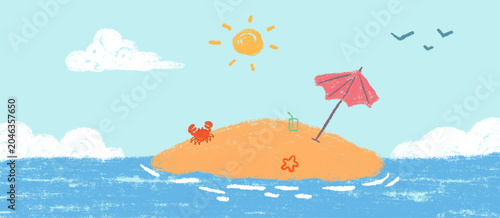 Small desert island in blue sea with pink umbrella, beach drink, crab and starfish under sunny sky. Cute kids doodle sketch vector summer illustration.