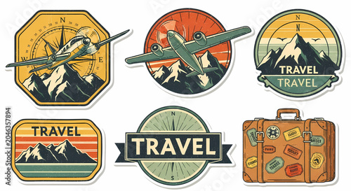 Vintage style travel stickers collection featuring airplanes and landscapes