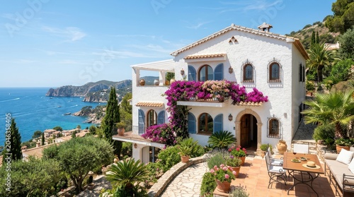 Elegant Mediterranean Villa with Vibrant Flowers Overlooking the Azure Sea