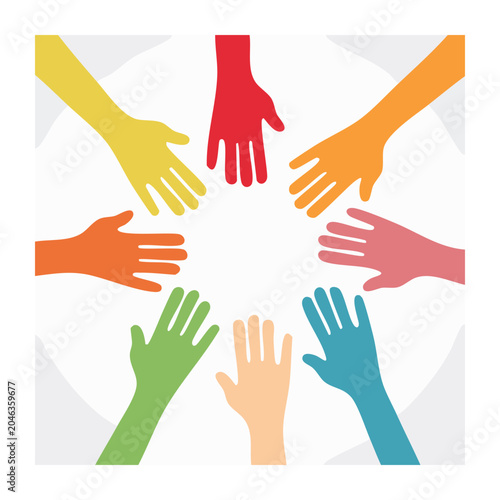 Colorful hands reaching together in unity