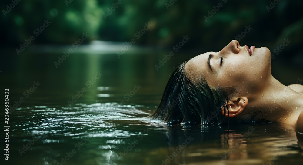 Fototapeta premium Young woman floating in serene forest lake with eyes closed | Peaceful meditation and mindfulness in nature | Tranquility and spiritual connection in wild water | Calm spa and wellness concept
