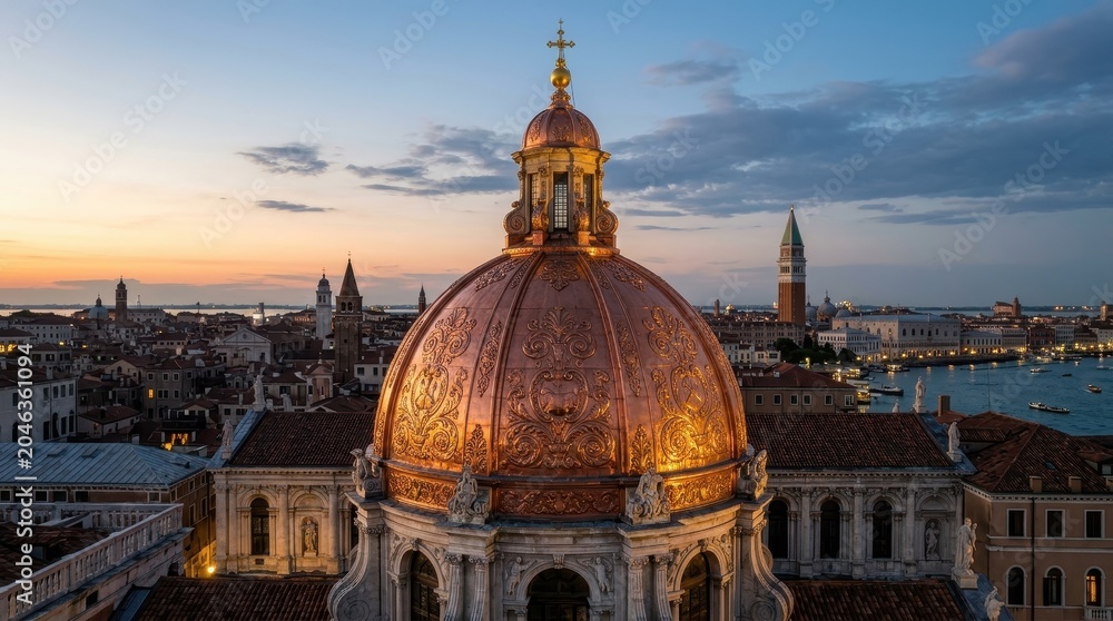 Fototapeta premium Magnificent Copper Dome of Venetian Church Against a Sunset Sky with Cityscape