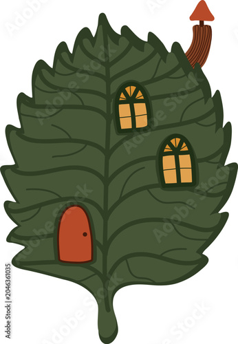 Whimsical Leaf House Illustration with Fairy Tale Forest Home