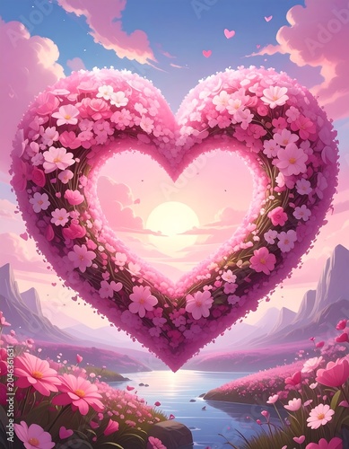 A heart-shaped floral arrangement overlooks a serene river landscape at sunset