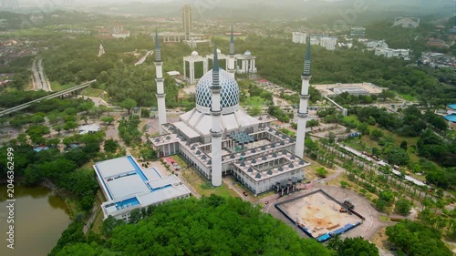 Aerial view of Sultan Salahuddin Abdul Aziz Shah Mosque, also known as the Blue Mosque, in Shah Alam, Selangor, Malaysia.