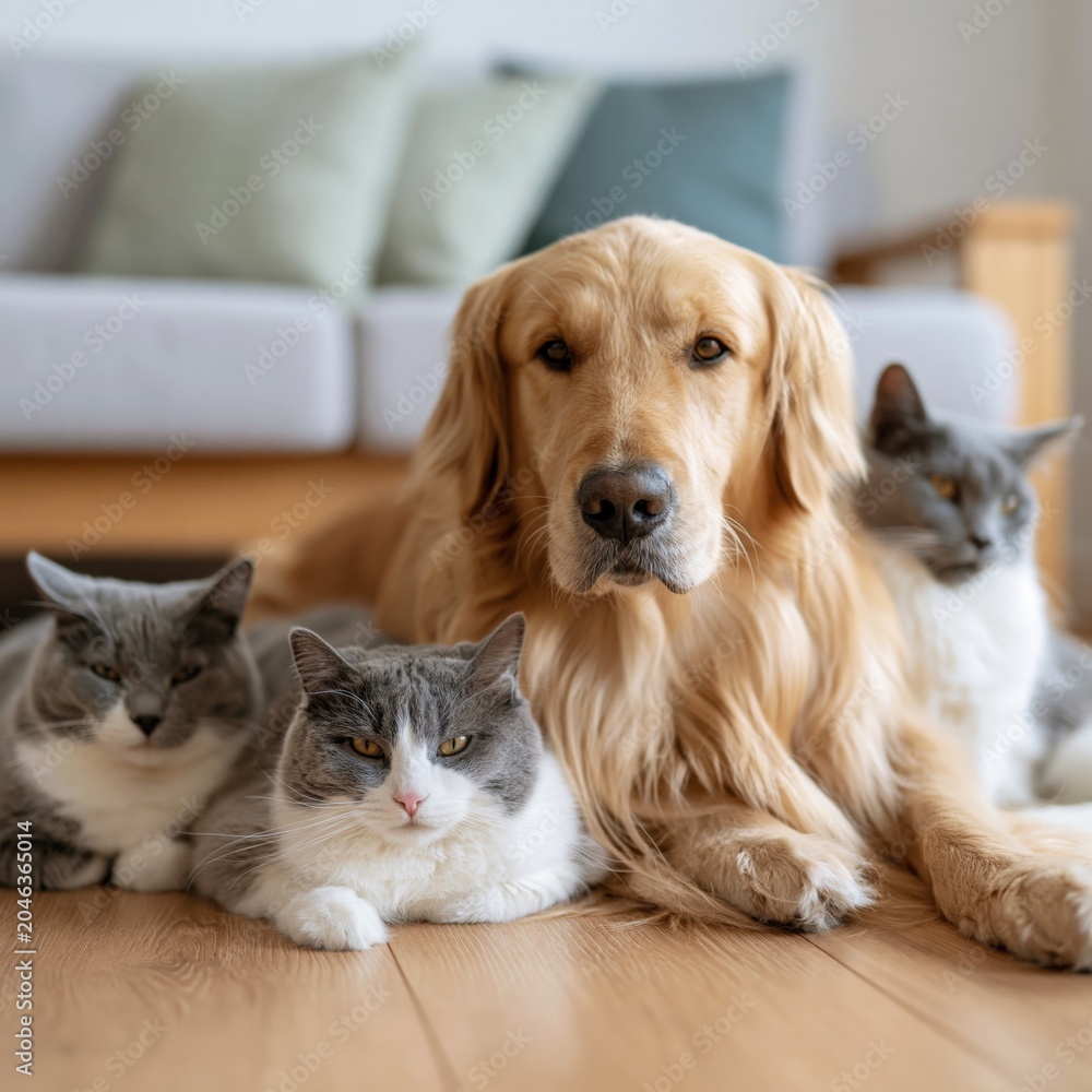 Fototapeta premium Golden retriever surrounded by three cats on living room floor