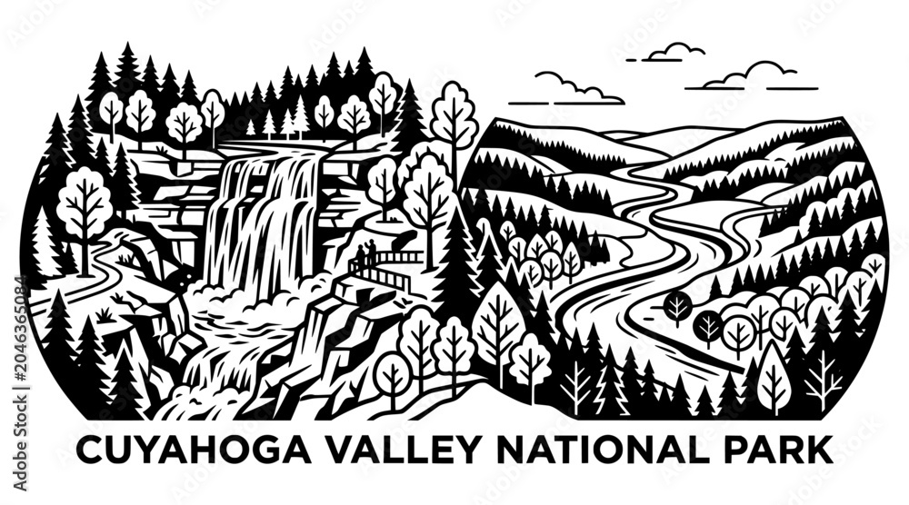 Obraz premium cuyahoga valley national park.Minimalist Linocut Style Nature Landscape.