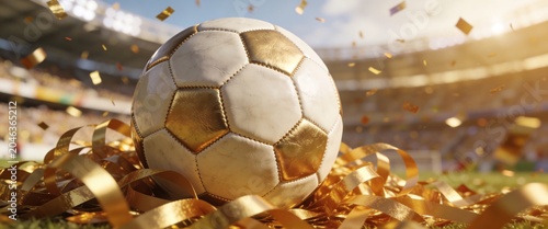 Golden soccer ball on stadium field with falling confetti celebrating a championship victory