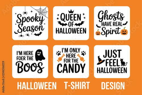 Set of six halloween t shirt design elements with funny quotes and spooky themed graphics