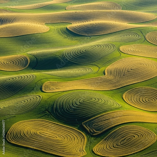Aerial view of rolling farmland with patterns and textures in vibrant colors