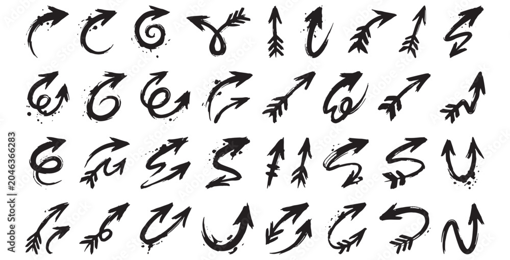 Fototapeta premium Large collection of hand drawn sketch arrows with black ink and grunge style.
