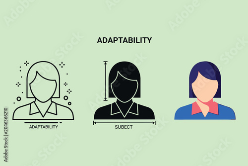 A conceptual showing the evolution of a female avatar through three different styles, representing the theme of adaptability and transformation in