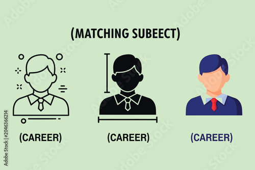 A conceptual showing three different artistic styles of a male avatar labeled as career, representing matching for business and employment concepts