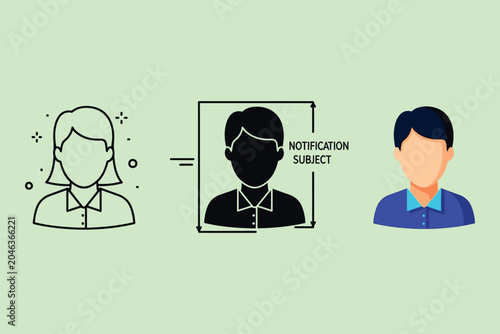 A conceptual showing the progression of a digital user profile from a simple line to a defined notification and finally a colorful avatar representation