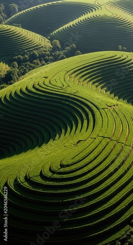 Aerial view of rolling green tea plantation hills with patterned rows