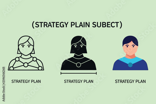 A conceptual showing three different styles of human avatars labeled as strategy plan, representing various approaches to strategic planning and organizational development in business
