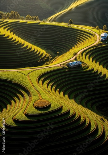 Aerial view of scenic terraced fields with winding roads and lush greenery