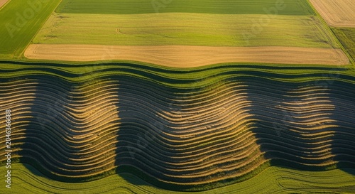 Aerial view of undulating cultivated fields with vibrant colors and shadows