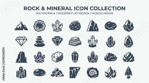 Bild auf Leinwand Rock and mineral icon collection in modern flat monochrome design style
