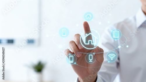 Hand interacting with smart home icons