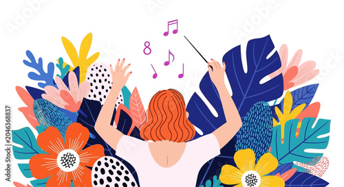 Canvastavla Woman conducting music surrounded by colorful flowers and leaves, music concept,