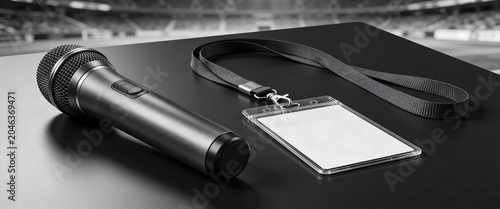 Professional microphone and blank media ID badge on a desk with a blurred stadium background