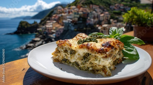 Lasagna with pesto and potatoes by the coast of Cinque Terre