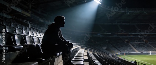 Silhouette of a lonely man sitting in an empty stadium at night under a dramatic spotlight