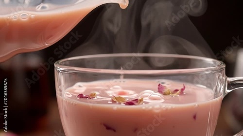 hot milk tea with roses being served