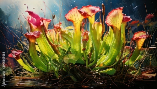 Vibrant Pitcher Plants Displaying Unique Colors and Textures in Natural Habitat.