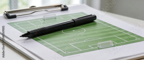 Professional soccer tactics diagram on clipboard with pen for sports coaching strategy
