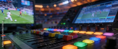 Professional live sports broadcast control room with video switcher console and soccer match monitors