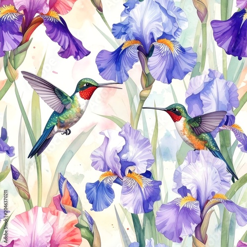 Vibrant watercolor painting of blooming irises.